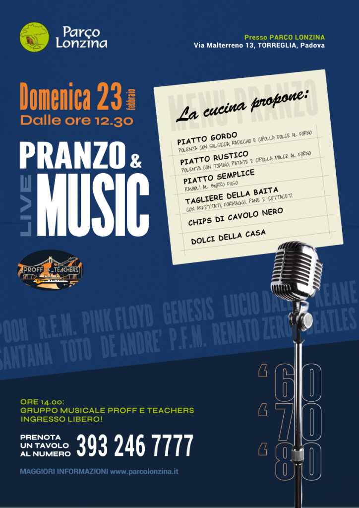 Locandina di musica live e pranzo al Parco Lonzina